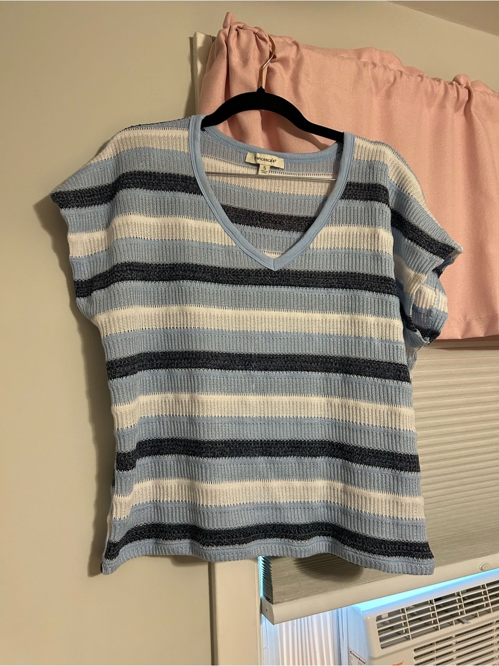 Francesca’s V-Neck Striped Knit Top - Light Blue/White